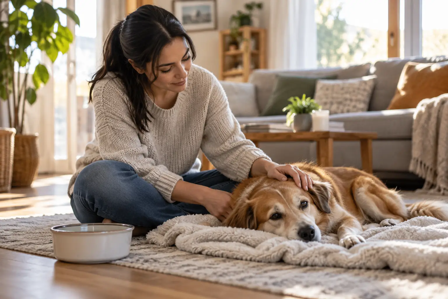 Frau sitzt auf dem Boden neben ihrem Hund, der müde auf einer Decke liegt, und streichelt ihn