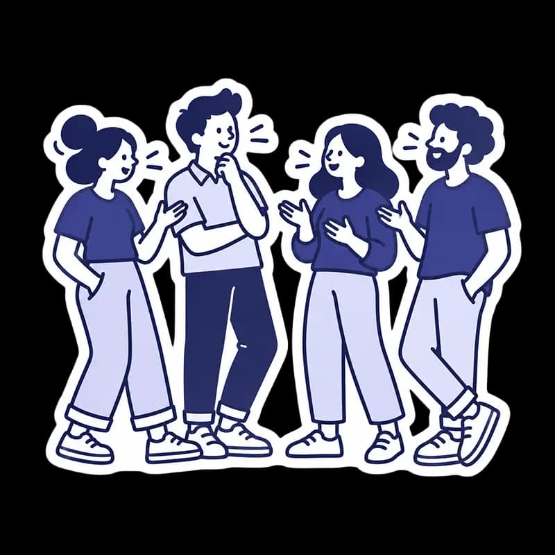 Vier Freunde stehen zusammen und unterhalten sich gut gelaunt