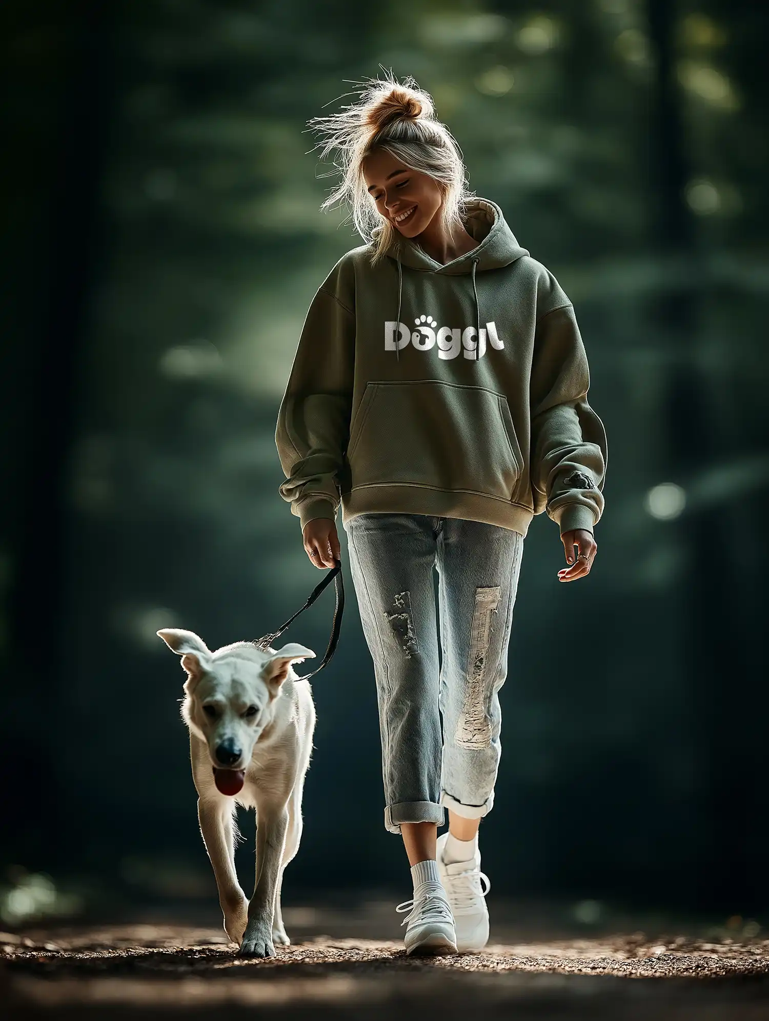 Lachende Frau im Doggl-Pullover geht mit einem weißen Hund an der Leine durch den Wald