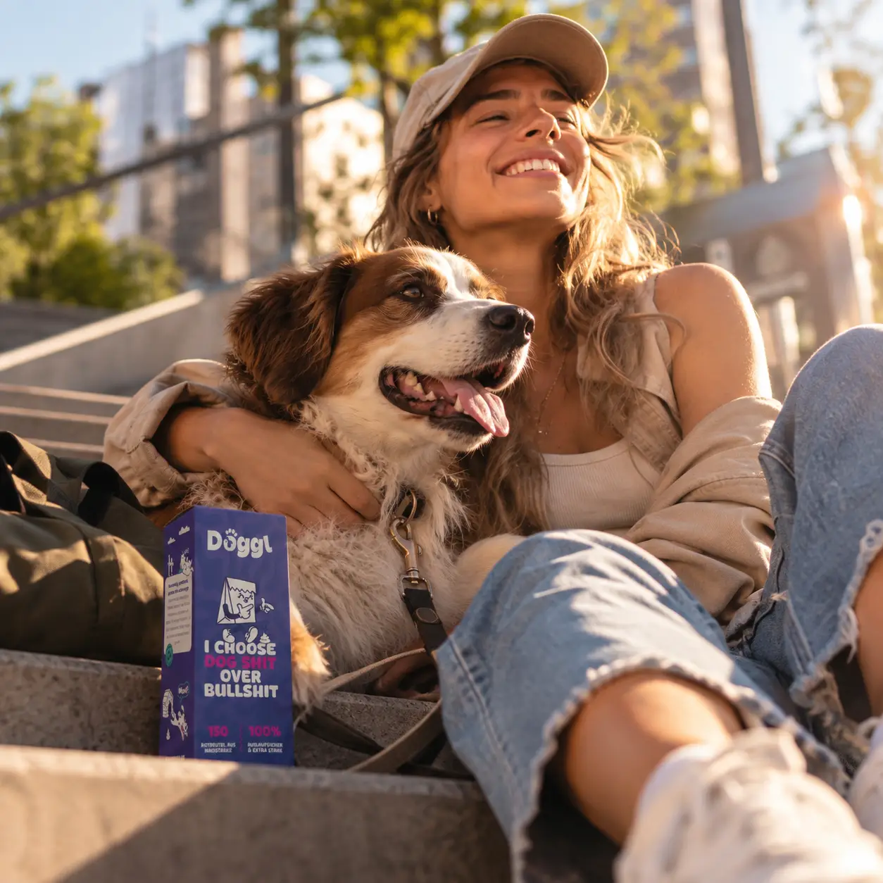 Lachende Frau sitzt mit ihrem Hund auf einer sonnigen Treppe, daneben eine Packung Doggl-Kotbeutel