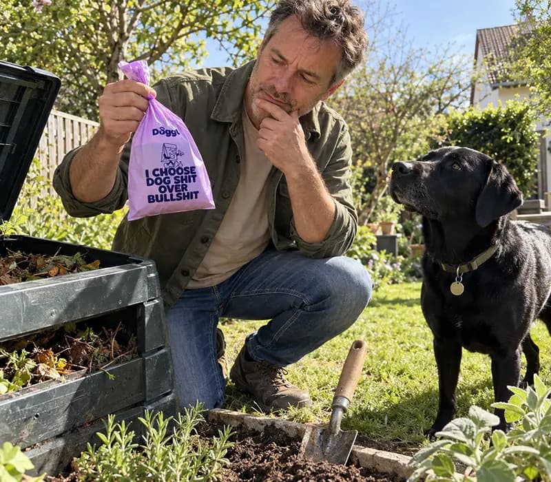 Mann hockt im Garten neben einem Komposter und betrachtet nachdenklich einen vollen lila Doggl-Kotbeutel, ein schwarzer Labrador schaut zu