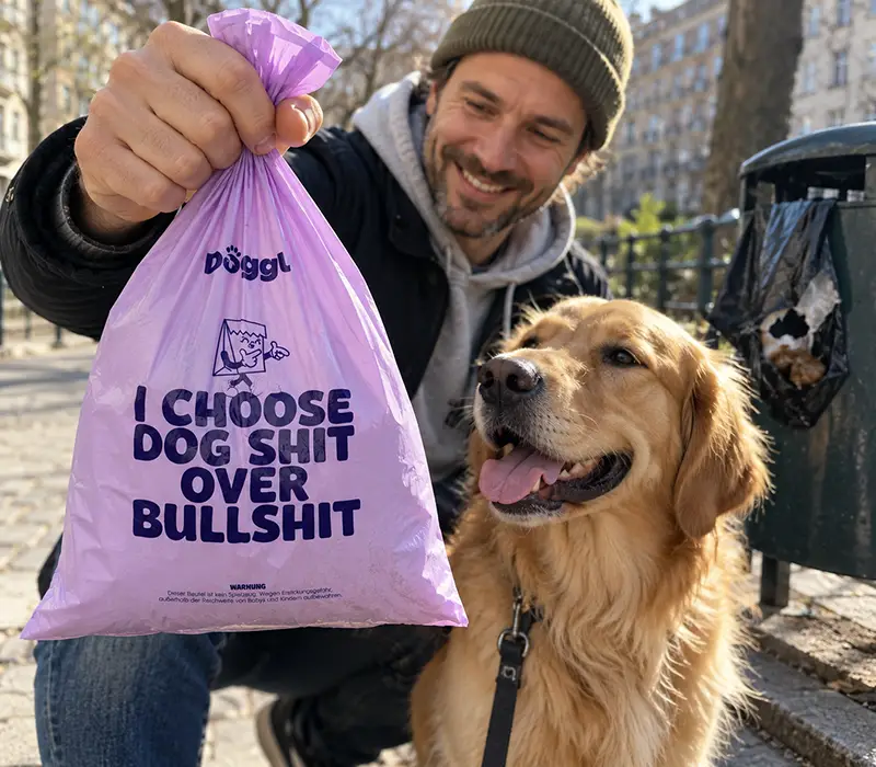 Lachender Mann hält einen vollen lila Doggl-Kotbeutel mit dem Spruch „I choose dog shit over bullshit“ in die Kamera, neben ihm ein Golden Retriever