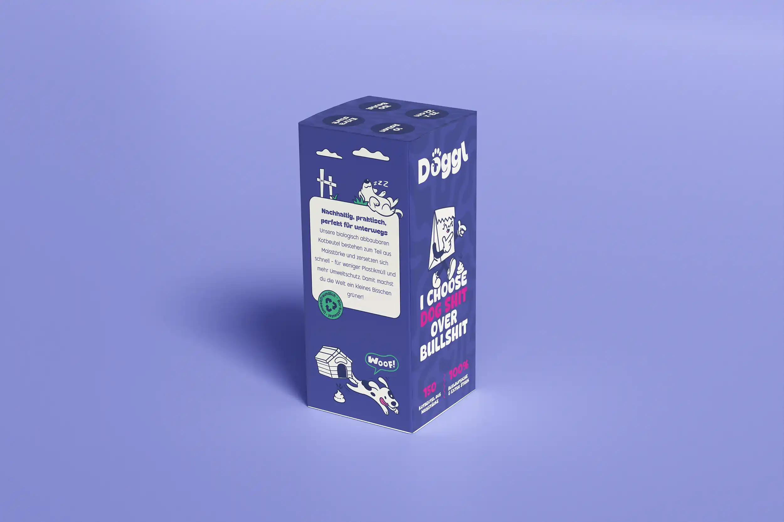 Doggl-Verpackung mit 150 Bio-Kotbeuteln auf lila Hintergrund